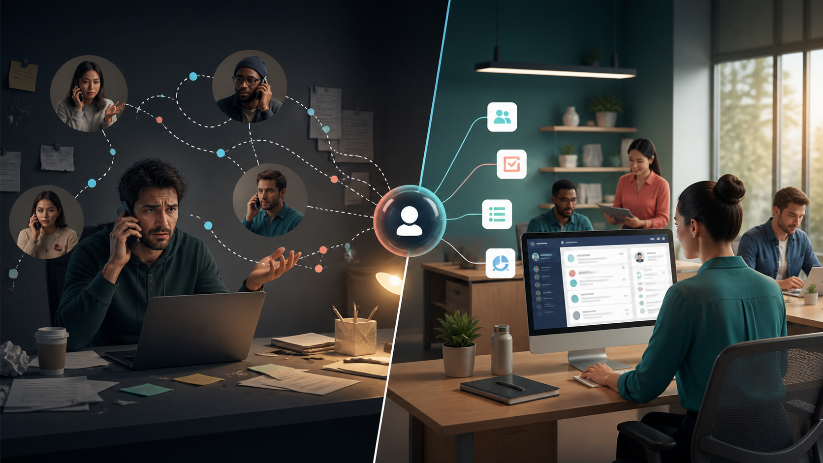 Comparação entre atendimento solto no celular e operação estruturada no CRM