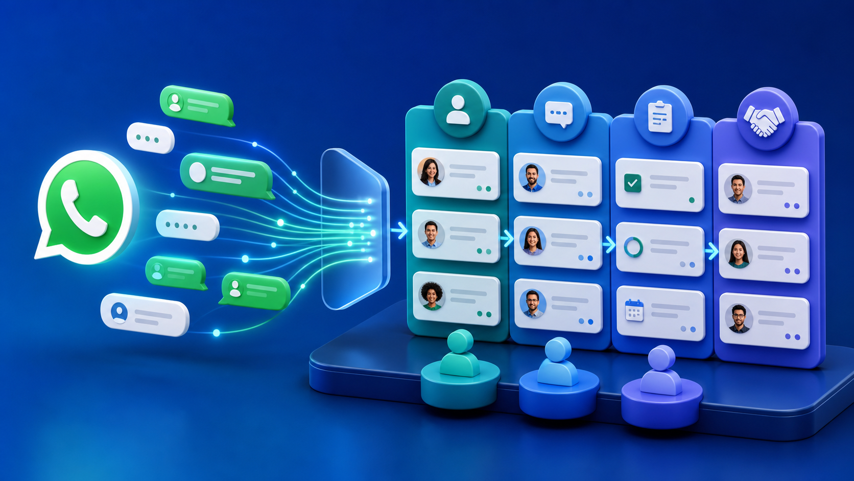 Fluxo visual de conversas de WhatsApp entrando em um painel de CRM organizado por etapas