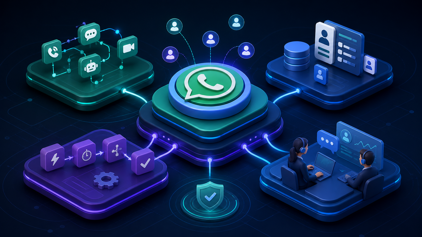 Produto organizado em camadas de operação, suporte e CRM