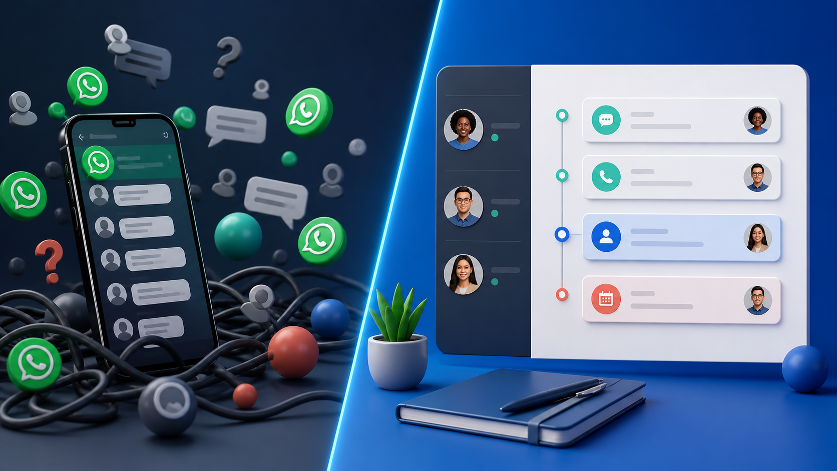 Fluxo abstrato de conversas de clientes convergindo para um registro organizado de CRM